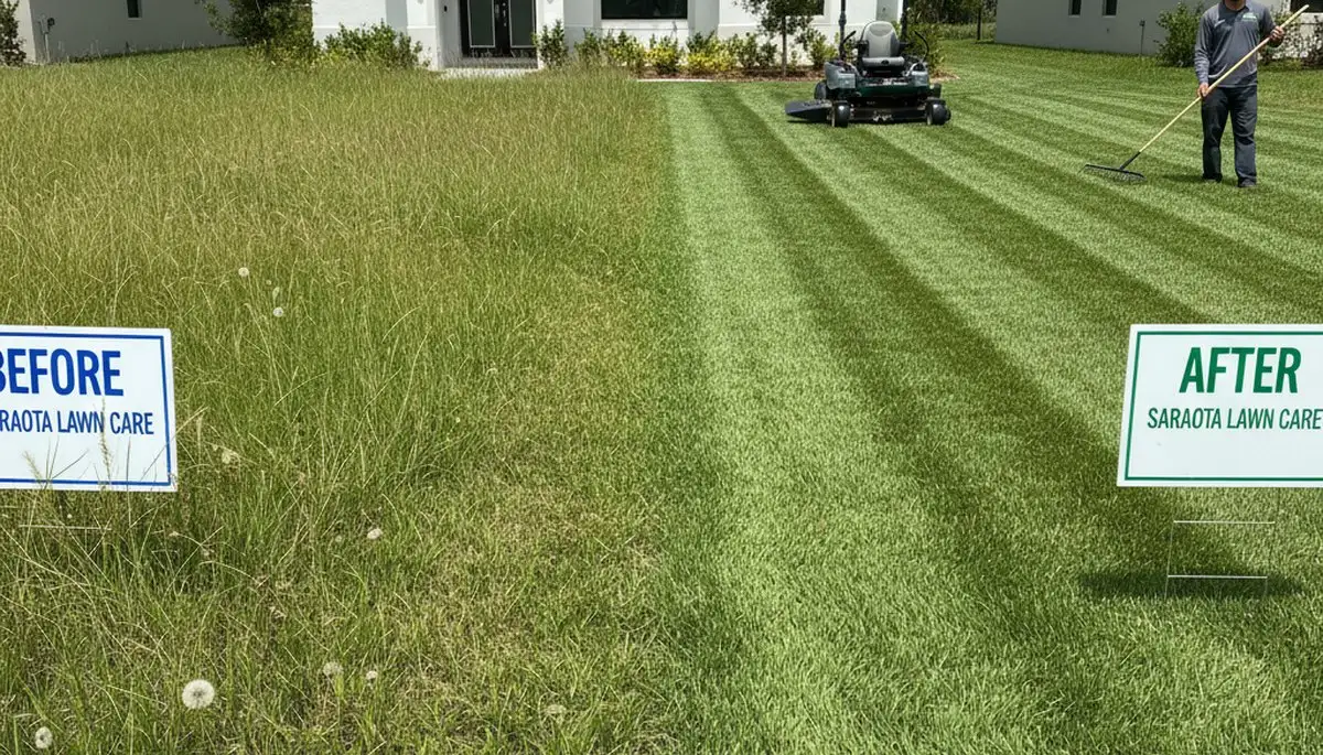 Before and after lawn mowing showing overgrown grass transformed into neat yard in Sarasota, FL