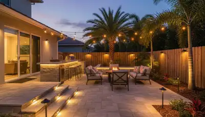 Evening patio lighting design with post cap and step lights by landscapers in Sarasota, FL