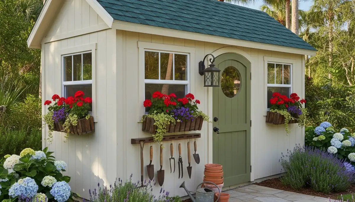 Decorative garden shed installation with lush landscaping in Sarasota FL by Chop Chop Landscaping