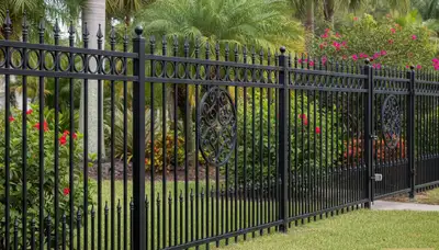 Decorative black metal fence installation by Chop Chop Landscaping in Sarasota, FL