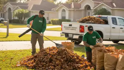Technicians raking and bagging fall leaves during yard clean up in Sarasota, FL by Chop Chop Landscaping