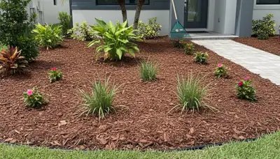 Fresh mulch installation with clean edges and even coverage by landscapers in Sarasota, FL