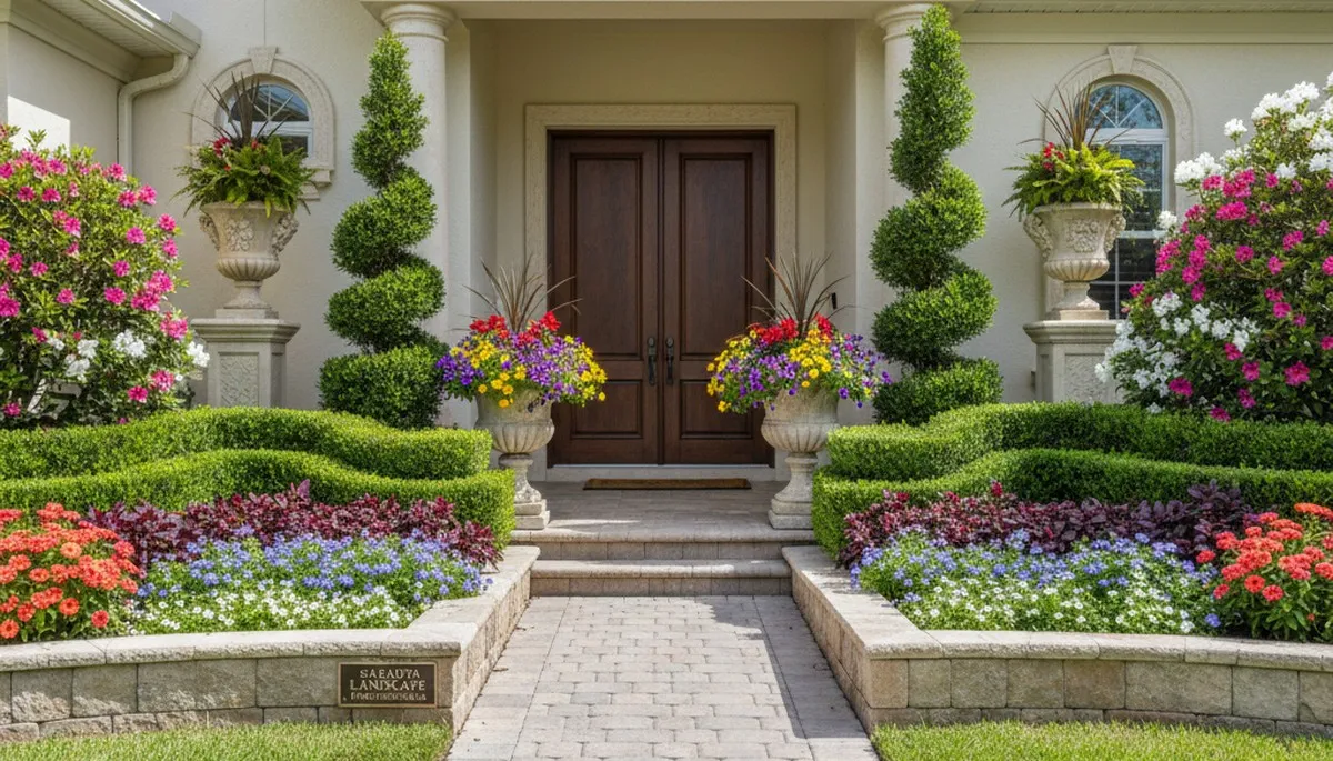 Front yard landscape design with flowering plants and trimmed shrubs in Sarasota, FL by Chop Chop Landscaping