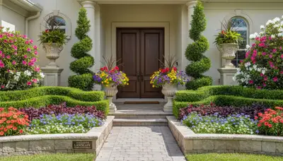 Front yard landscape design with flowering plants and trimmed shrubs in Sarasota, FL by Chop Chop Landscaping