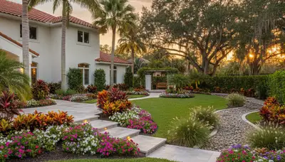 Full property landscape with layered plantings and hardscape design by landscapers in Sarasota, FL