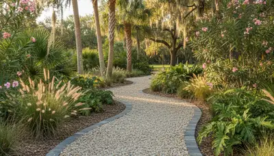 Pea gravel garden path installation by professional landscapers in Sarasota, FL