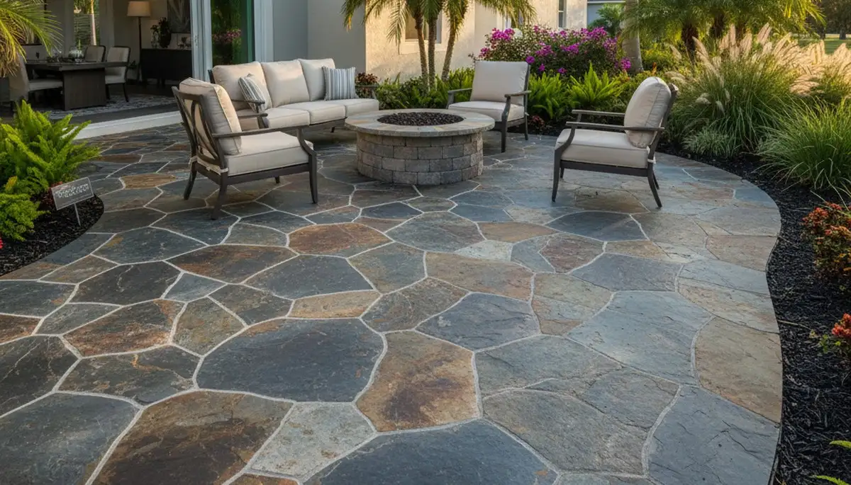 Modern large format stone slab patio by professional landscapers in Sarasota, FL