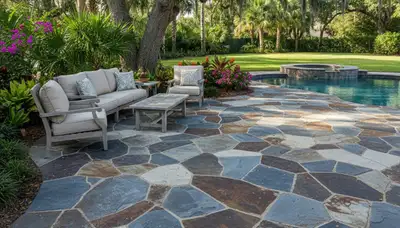 Natural flagstone patio with irregular stone pavers installed by Sarasota FL landscaping professionals