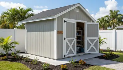 New backyard shed installation by professional landscapers in Sarasota FL with durable custom design