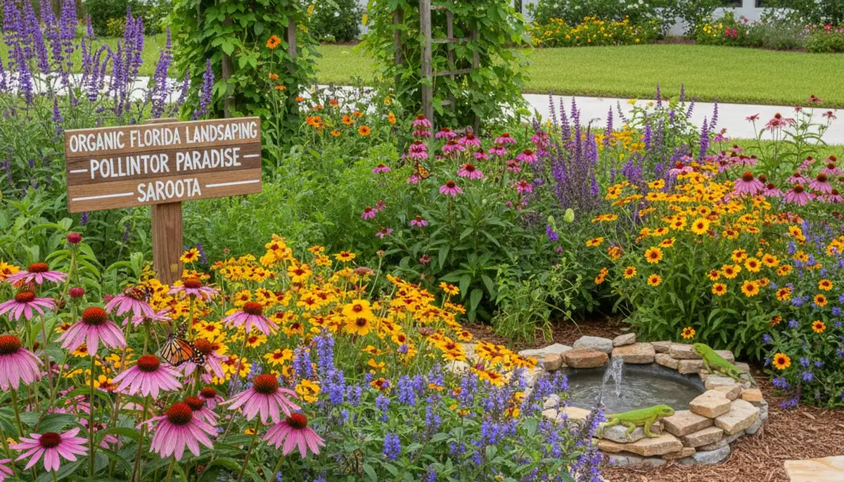 Pollinator-friendly native garden with organic landscaping and butterflies in Sarasota, FL