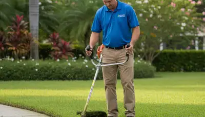 Technician edging lawn borders with string trimmer in Sarasota, FL for professional lawn maintenance