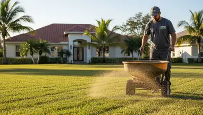 Lawn care technician spreading fertilizer evenly on residential lawn in Sarasota, FL for healthy green turf