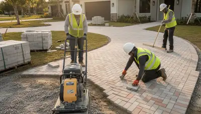 Professional crew installing driveway pavers in Sarasota FL with precise leveling and base preparation