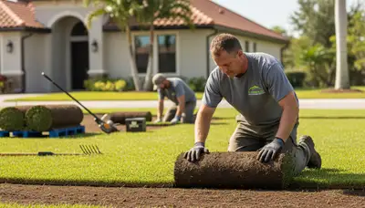 Expert landscaper installing fresh sod with precise seams in Sarasota, FL lawn renovation project