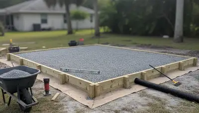 Sarasota FL landscapers preparing level gravel shed foundation base with proper drainage