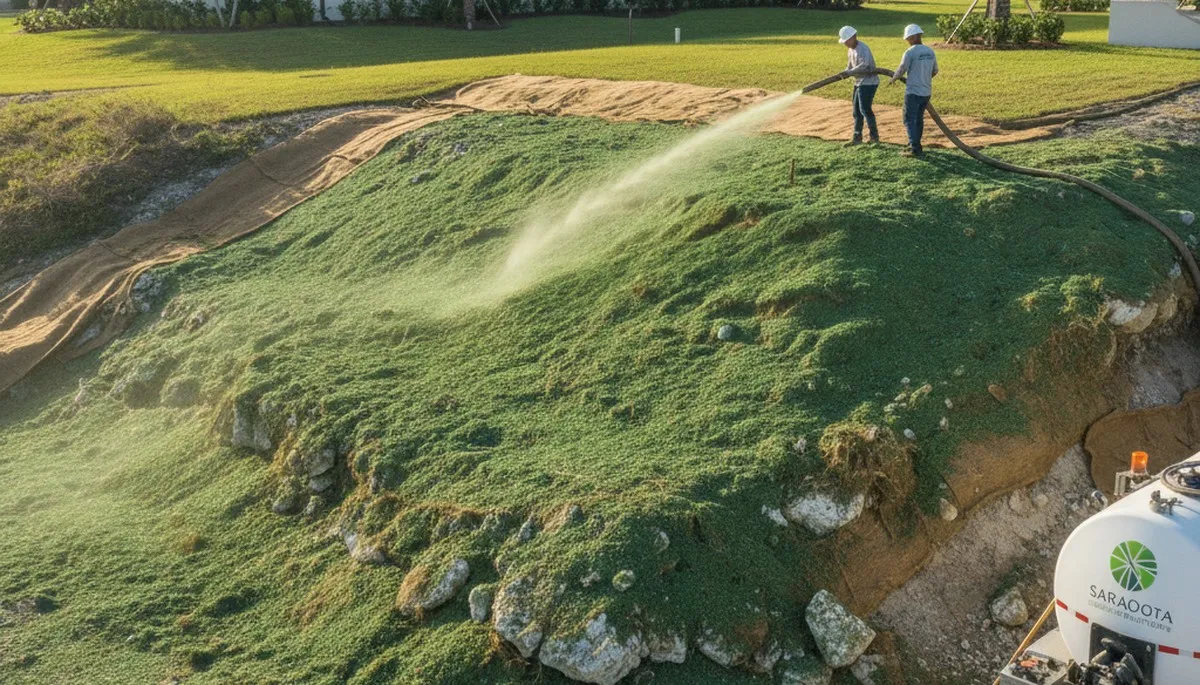 Professional hydroseeding erosion control on hillside slope in Sarasota FL by Chop Chop Landscaping