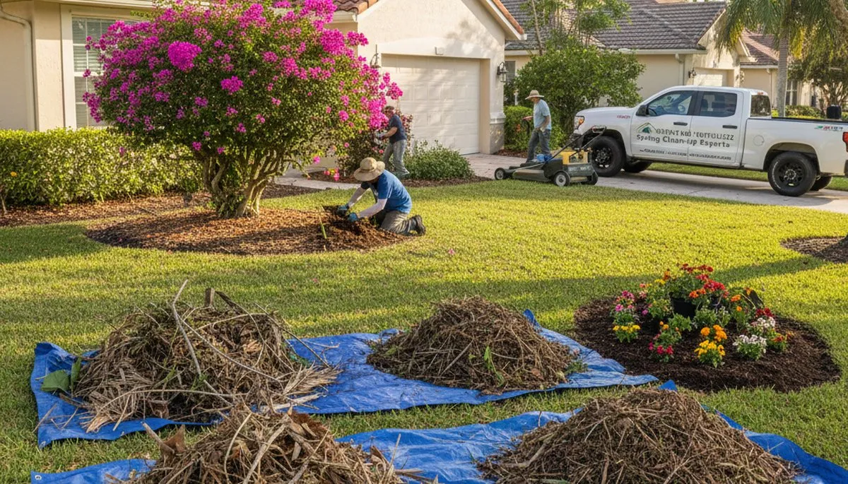 Spring yard cleanup and garden bed pruning by professional landscapers in Sarasota, FL