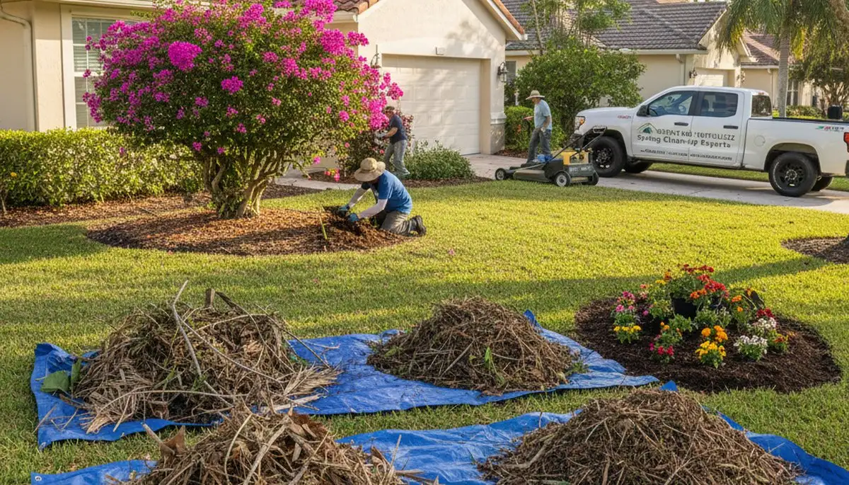 Spring yard cleanup and garden bed pruning by professional landscapers in Sarasota, FL