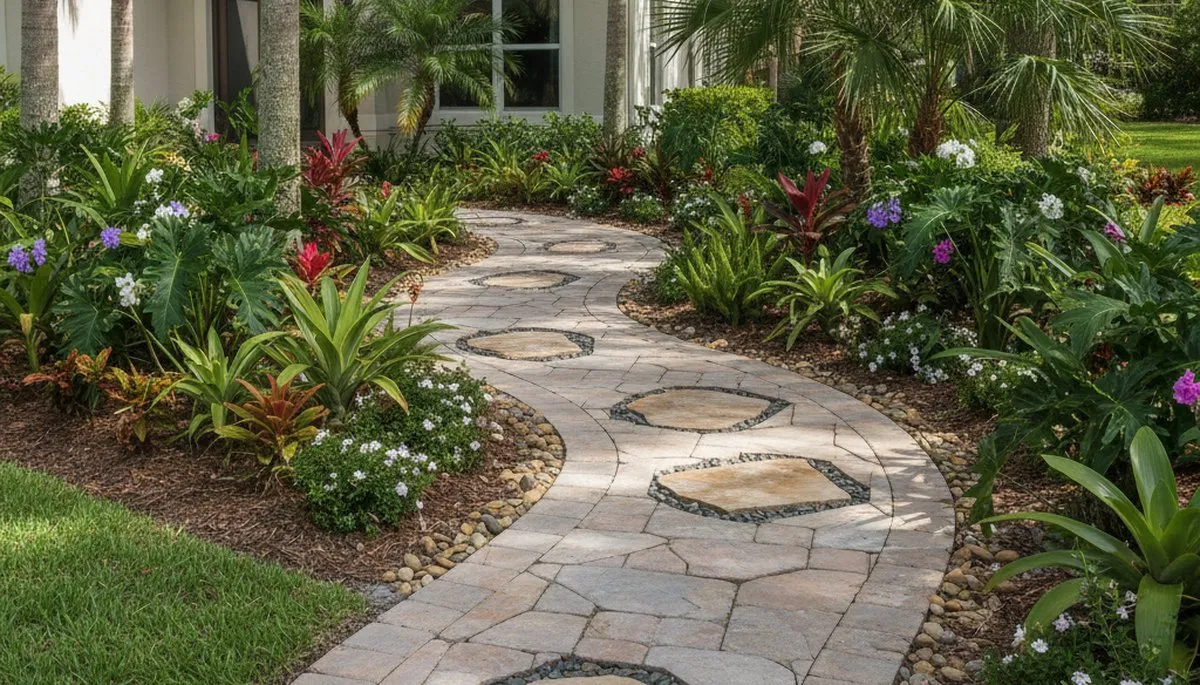 Curved stone paver walkway through landscaped yard in Sarasota, FL by Chop Chop Landscaping