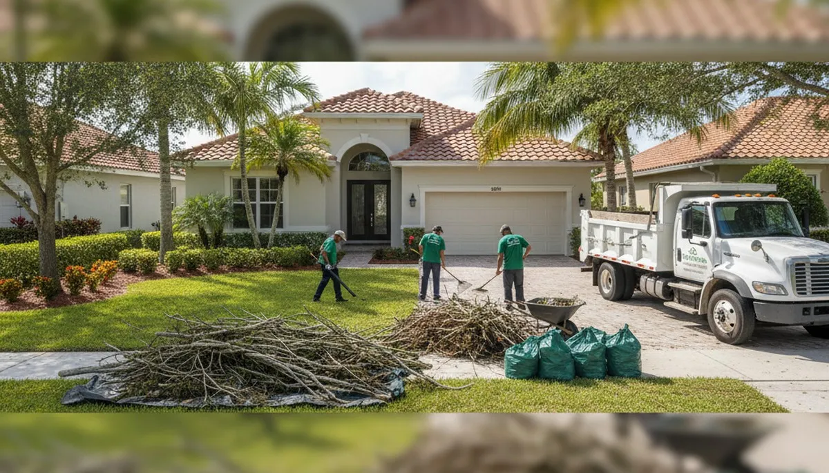 Landscapers removing storm debris and branches during yard cleanup in Sarasota, FL