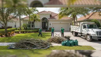 Landscapers removing storm debris and branches during yard cleanup in Sarasota, FL